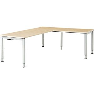 mauser Schrijftafel, aaneengeschakeld, voetvorm in ronde buis, diepte 800 mm, met hoekaanzettafel, h x b = 650 - 850 x 1800 mm, ahornhoutdecor / aluminiumkleurig, hoekaanzet rechts