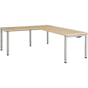 mauser Schrijftafel, aaneengeschakeld, voetvorm in ronde buis, diepte 800 mm, met hoekaanzettafel, h x b = 650 - 850 x 1800 mm, ahornhoutdecor / aluminiumkleurig, hoekaanzet links