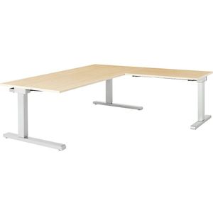 mauser Bureau, geschakeld, hoogte 650 - 850 mm, met hoekaanzettafel, b x d = 1800 x 900 mm, ahornhoutdecor / aluminiumzilver, hoekaanzet rechts (breedte 1000 mm)