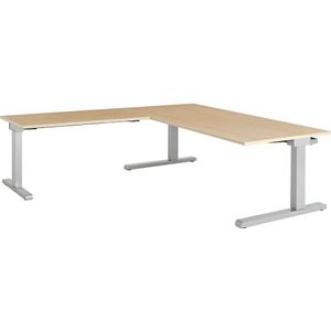 mauser Bureau, geschakeld, b x d = 1800 x 900 mm, hoekaanzet links (breedte 1200 mm), blad ahornhoutdecor, onderstel blank aluminiumkleurig