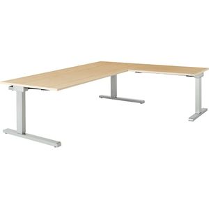 mauser Bureau, geschakeld, hoogte 650 - 850 mm, met hoekaanzettafel, b x d = 2000 x 900 mm, ahornhoutdecor / aluminiumzilver, hoekaanzet rechts (breedte 1000 mm)
