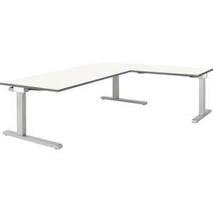 mauser Bureau, geschakeld, hoogte 650 - 850 mm, met hoekaanzettafel, b x d = 2000 x 900 mm, wit / aluminiumzilver, hoekaanzet rechts (breedte 1000 mm)