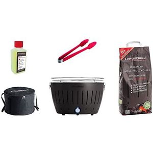 LotusGrill Starterset Classic 1 x grill antracietgrijs met USB-aansluiting, 1 x beukenhoutskool 2,5 kg, 1 x brandpasta 200 ml, 1 x worsttang (kleur naar voorraad), 1 x transport-draagtas - de rookarme