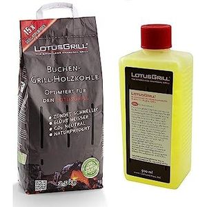 LotusGrill Houtskool van beukenhout, 2 x zak van 2,5 kg, incl. LotusGrill brandpasta 500 ml, beide ontwikkeld voor rookarm grillen met de LotusGrill