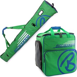 BRUBAKER Combi Set Champion - Limited Edition - Skitas en Skischoen tas voor 1 paar ski's 170 cm + stokken + schoenen + helm - Groen Blauw