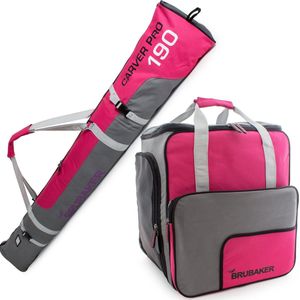 BRUBAKER Combi Set Carver PRO - Limited Edition - Skitas en Skischoen Tas voor 1 paar ski's tot 190 cm + stokken + schoenen + helm roze grijs