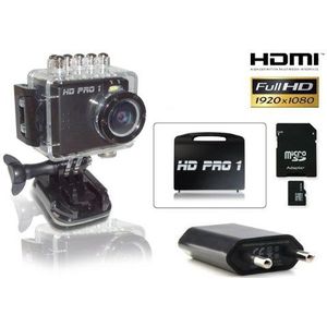 HD PRO 1 Action Cam Kofferset (Full HD, 60 beelden/sec, 5 Mpixels, 1,5 inch LCD-display) complete set incl. 1x harde case koffer + 1x 32GB SDHC Class 10 geheugenkaart + 1x USB-oplader