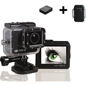 HD PRO 2 Action Cam complete set incl. 1 x afstandsbediening + 1 x extra batterij (Full HD, 60 fps, 20 megapixels, 2 inch LCD-display, groothoekopname 175°, HDMI, USB, wifi + gratis app) zwart