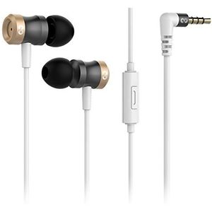 conecto CC50149 In-Ear hoofdtelefoon met 3 oorpasstukken incl. microfoon, drievoudige kabel-knikbescherming, aramide versterkte kabel (1,20 m), goud/grijs/wit/zwart
