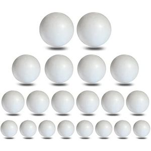 20 stuks piepschuimballen in 4 maten: 2 x 6 cm, 4 x 5 cm, 6 x 4 cm, 8 x 3 cm.