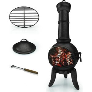 Jago - Vintage Patio Kachel met Vonkbescherming - Gietijzer met Schoorsteen - Poker - Roosterdeur - Rustiek - Tuinhaard - Houtkachel - Patio Openhaard - Vuurkorf - Zwart