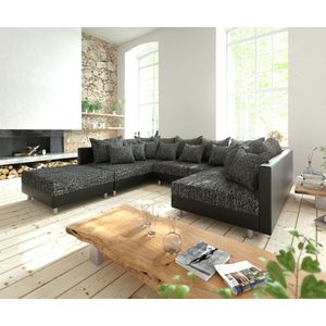 Wohnlandschaft Clovis Schwarz Modulsofa mit Hocker