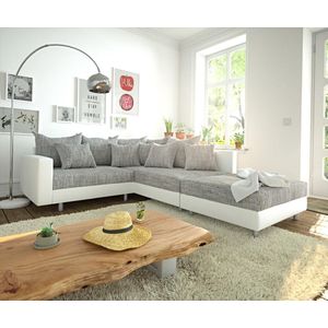 Ecksofa Clovis Weiss Hellgrau modular Hocker Armlehne Ottomane Rechts