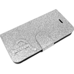 Exklusive-Cad SAM-S4-MINI-etui glamour-zilver exclusieve cad-Samsung Galaxy S4 MINI glamour, glitter, strass, etui, flip case, tas, cover, case met magnetische sluiting, letter T in zilver