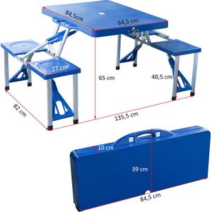 Outsunny Aluminium campingtafel, picknickbank, zitgroep, tuintafel met 4 zitplaatsen, inklapbaar, blauw, 135,5 x 84,5 x 66 cm