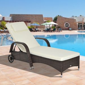 Outsunny tuinstoel ligstoel rotan ligbank tuinmeubel mobiel met kussen, poly-rotan + metaal, koffiebruin, 200 x 73 x 56-103 cm