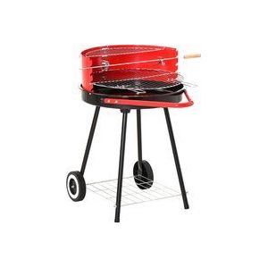 Outsunny Houtskoolbarbecue op wielen ronde grill staande grill houtskoolrooster BBQ metaal rood 01-0562