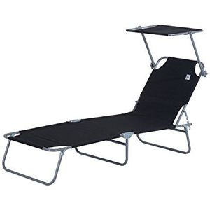 Outsunny Zonneligstoel, tuinligstoel, wellnessligstoel, strandstoel, inklapbaar met zonwering, zwart, 187 x 58 x 36 cm