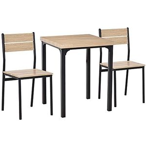 HOMCOM 3-delige eetset zitgroep eettafelset houten tafel MDF + metaal natuurlijke houtnerf + zwart met 1 tafel + 2 stoelen