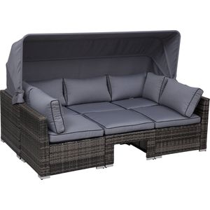 Outsunny rotan loungeset, zitgroep met zonnedak, loungegroep voor in de tuin, incl. kussens en bijzettafel, metaal, grijs, 215 x 75 x 64 cm