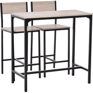 HOMCOM bartafel met 2 stoelen, 3-delige tafelset, barstoel, barkruk, MDF, naturel, zwart, 89 x 45 x 87 cm