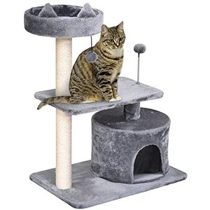 PawHut kattenboom met hangbed, krabpaal met 3 verdiepingen, kattengrot, kattenhuis met speelballen, met sisal paal en krabplank, pluche grijs 61 x 41 x 81 cm