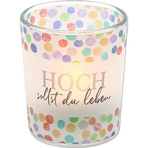 Dekohelden24 Theelichthouder van glas met motief op een transparante banner, met 1 theelicht, hoogte: 6,5 x 6 cm, motief: ""High sollst du leven