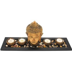 Complete decoratieset met 4 theelichthouders en 1 boeddhakop van verguld keramiek op houten dienblad met decoratieve stenen, afmetingen dienblad (l x b x h): ca. 41 x 11,5 x 2 cm, hoogte