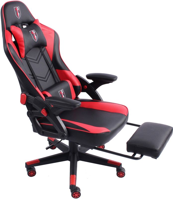 Gaming Stuhl im modernen Racing-Design mit ausziehbarer Fußstütze Gaming Chair mit verstellbaren Design Armlehnen ergonomischer Schreibtischstuhl mit extra Stützkissen