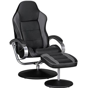 Amstyle Televisiestoel Design TV relaxstoel verstelbaar Racing Modern bekleding kunstleer zwart/grijs draaibaar met kruk 110 kg met armleuningen en kruk gaming stoel zonder motor