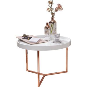 WOHNLING salontafel EVA 58,5x42x58,5cm wit/koperen salontafel metaal rond | Design retro salontafel modern | Kleine loungetafel met metalen frame | Ronde dienbladlijst met houten plaat