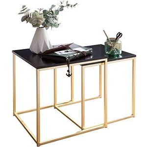 WOHNLING CALA zwart/goud bijzettafel MDF/metaal | Salontafel set van 2 tafels | Kleine salontafel | Metalen tafel met houten plaat | Opbergtafel modern