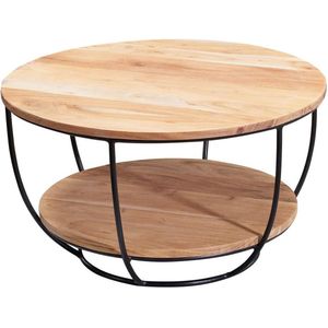 salontafel 60x34,5x60 cm acacia massief houten / metalen salontafel | Design woonkamer tafel rond | Lounge tafel Industrial Brown | Tafel met plank