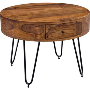 WOHNLING tafel Sheesham massief hout/metaal 60x44.5x60 cm tafel woonkamer | Design bijzettafeltje met laden Kleine salontafel rond bruin