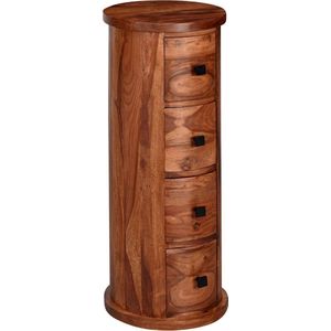 WOHNLING design dressoir sheesham massief hout 35x85x35 cm | Kast met 4 lades | Smalle zijkast, massief | Mini dressoir rond