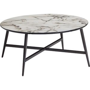 salontafel rond 88x37x88 cm met marmerlook wit | Salontafel met metalen poten zwart | Moderne decoratieve tafel