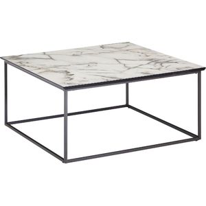 salontafel vierkant 80x38x80 cm met marmerlook wit | Salontafel met zwart metalen frame | Moderne decoratieve tafel