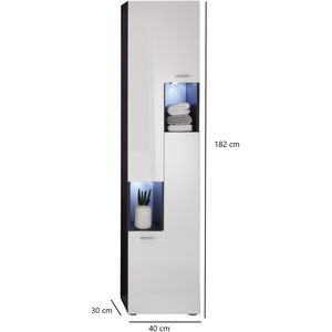 TetisBad kolomkast hoog 2 deuren, 2 open vakken grafiet decor, wit hoogglans.
