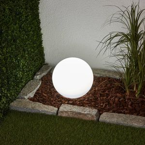 Lindby LED lamp op zonne-energie Lago, Ø 25 cm, bol, grondpin, wit