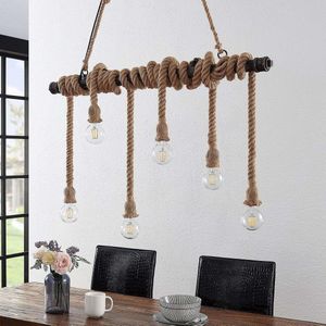 Lindby - hanglamp - 6 lichts - staal, hennepkabel - E27 - zwart goud geborsteld