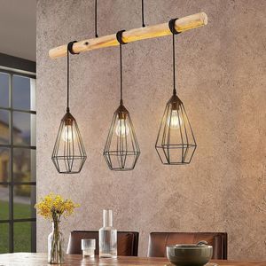 Lindby hanglamp 3lichts Metaal, hout E27 matzwart, licht hout