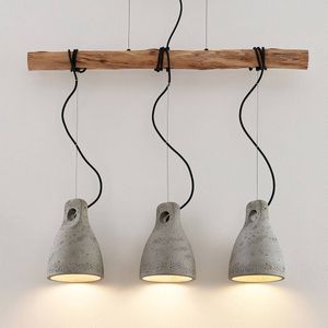 Lindby - hanglamp - 3 lichts - beton, hout - E27 - grijs, hout licht