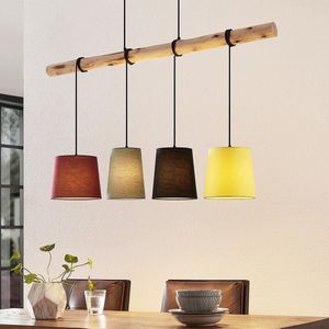 Lindby - Hanglamp - 4 Lichts - Textie - Hout - E27 - Roo - Grij - Zwar - Gee - Hout Licht