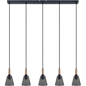 Lindby - hanglamp - 5 lichts - staal, hout - E14 - zwart, licht hout