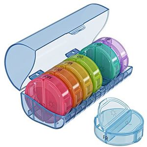 WELLGRO ronde tablettenbox voor 7 dagen - pillendoos bont 2 vakken per dag - klapdeksel met druksluiting - BPA-vrij kunststof - kleur naar keuze, kleur: blauw