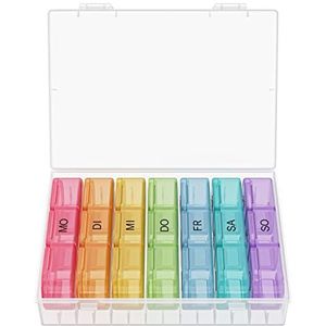 WELLGRO Tablettenbox voor 7 dagen - pillendoos elk 3 vakken per dag - klapdeksel met druksluiting - opbergdoos - BPA-vrij kunststof, kleur: kleurrijk