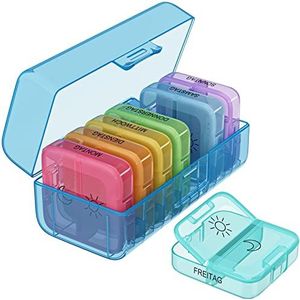WELLGRO Tablettenbox voor 7 dagen - pillendoos elk 2 vakken per dag - klapdeksel met druksluiting - opbergdoos - BPA-vrij kunststof, kleur: blauw