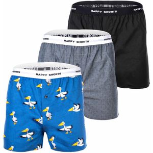 Happy Shorts - Wijde Boxershort - Zwart - 3-Pack - Pelikaan Print Blauw