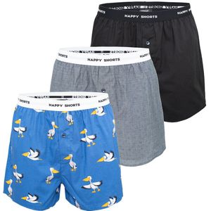 Happy Shorts - Wijde Boxershort - Zwart - 3-Pack - Pelikaan Print Blauw