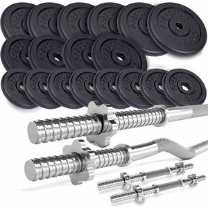 ScSPORTS® Halterset 121 kg - Gietijzer - Complete set incl. verschillende halterstangen en halterschijven - 30 mm - Gewichten